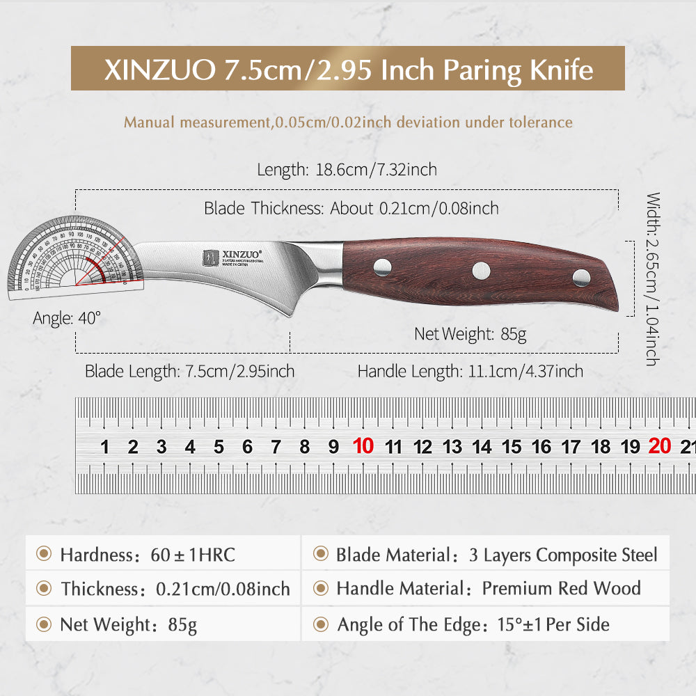 XINZUO Sharp Kitchen Knife 3”Paring Knife Customized 3 Layers Composite Steel-Quality Red Wood Handle