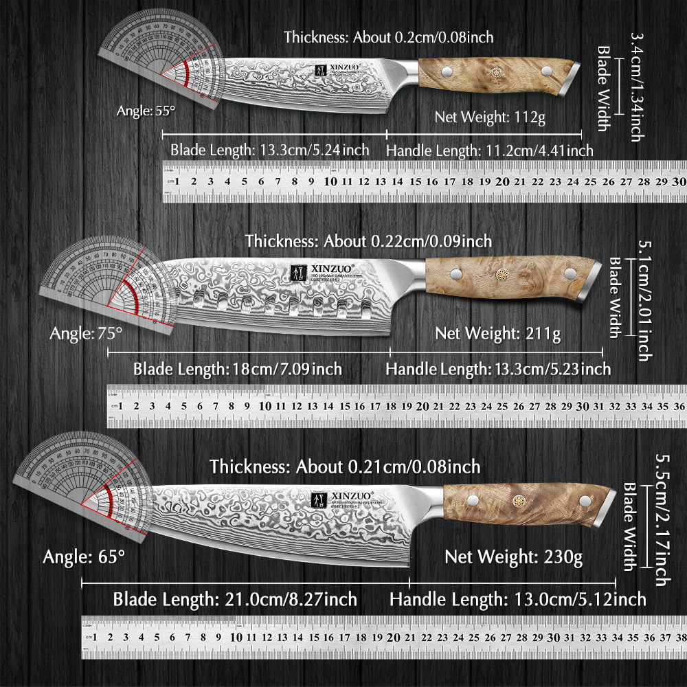 XINZUO 3PCS Damascus Knife Set 67-Layer Custom Forged Steel Ultra-Sharp 15° Edge - for Meat Vegetables Fruit
