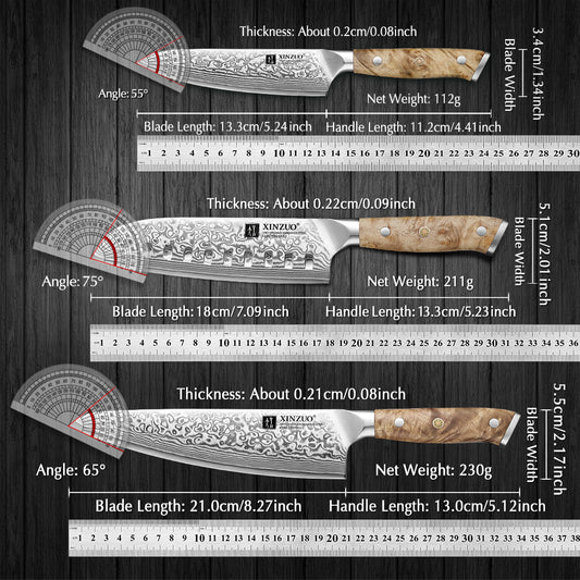 XINZUO 3PCS Damascus Knife Set 67-Layer Custom Forged Steel Ultra-Sharp 15° Edge - for Meat Vegetables Fruit