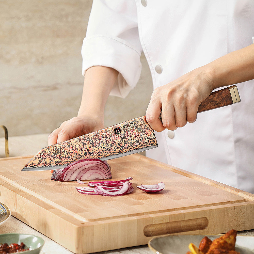 XINZUO 8.3 Inches Kiritsuke Chef Knife, 53-Layer Tri-Color Copper Damascus Steel,Rosewood Handle,Acacia Wooden Gift Box Packing