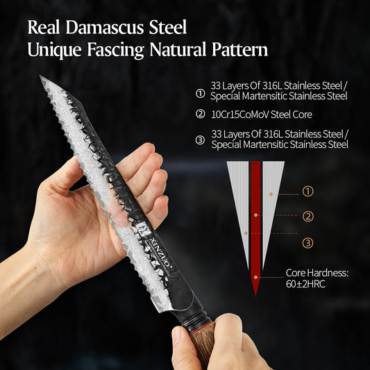 XINZUO 8.5 Inches 67 Layers Black Damascus Steel Bread Knife with  Burnt Oak Handle MO-Series