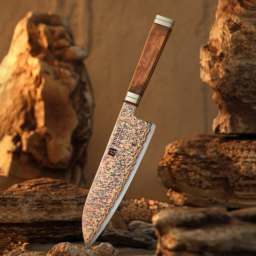 XINZUO 7 Inches Santoku Knife, 53-Layer Tri-Color Copper Damascus Steel,Rosewood Handle,Acacia Wooden Gift Box Packing