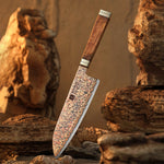 XINZUO 7 Inches Santoku Knife, 53-Layer Tri-Color Copper Damascus Steel,Rosewood Handle,Acacia Wooden Gift Box Packing