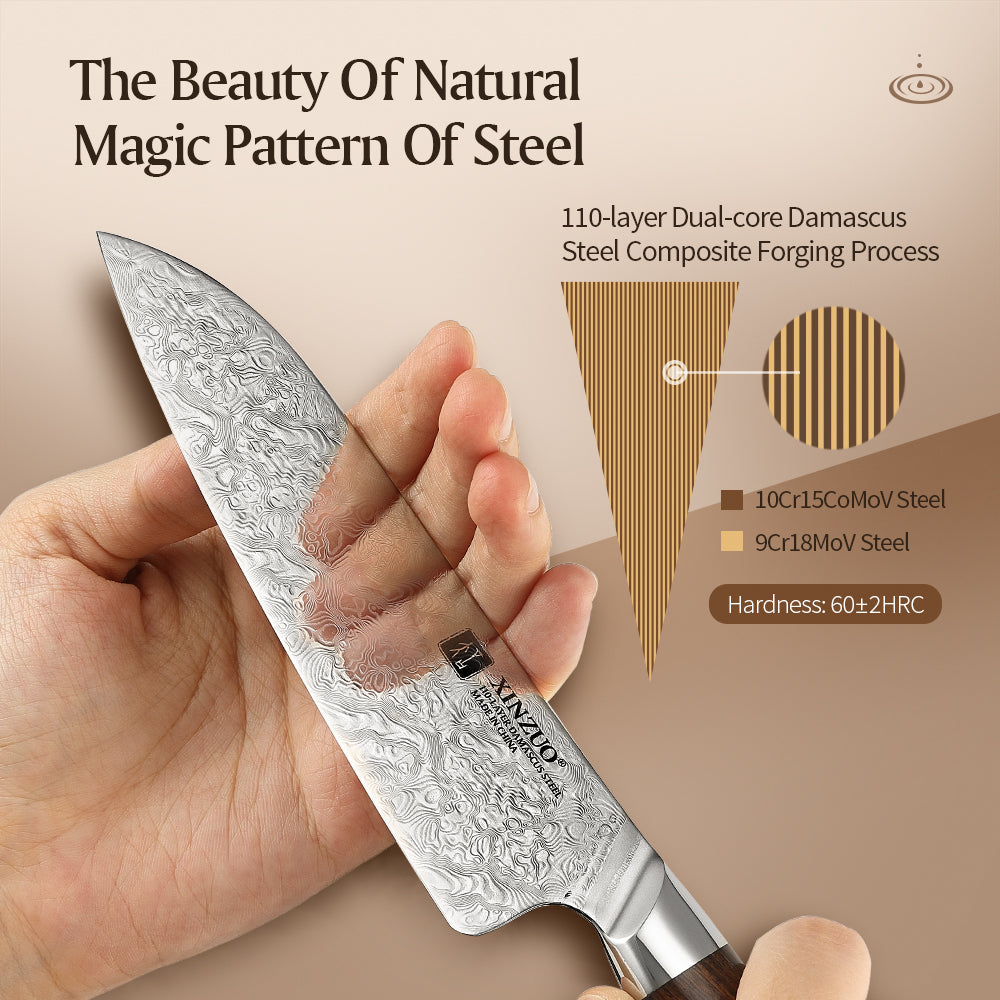 XINZUO 5.5" Santoku Knife – 110-Layer Dual-Core Damascus Steel,Desert Ironwood Handle