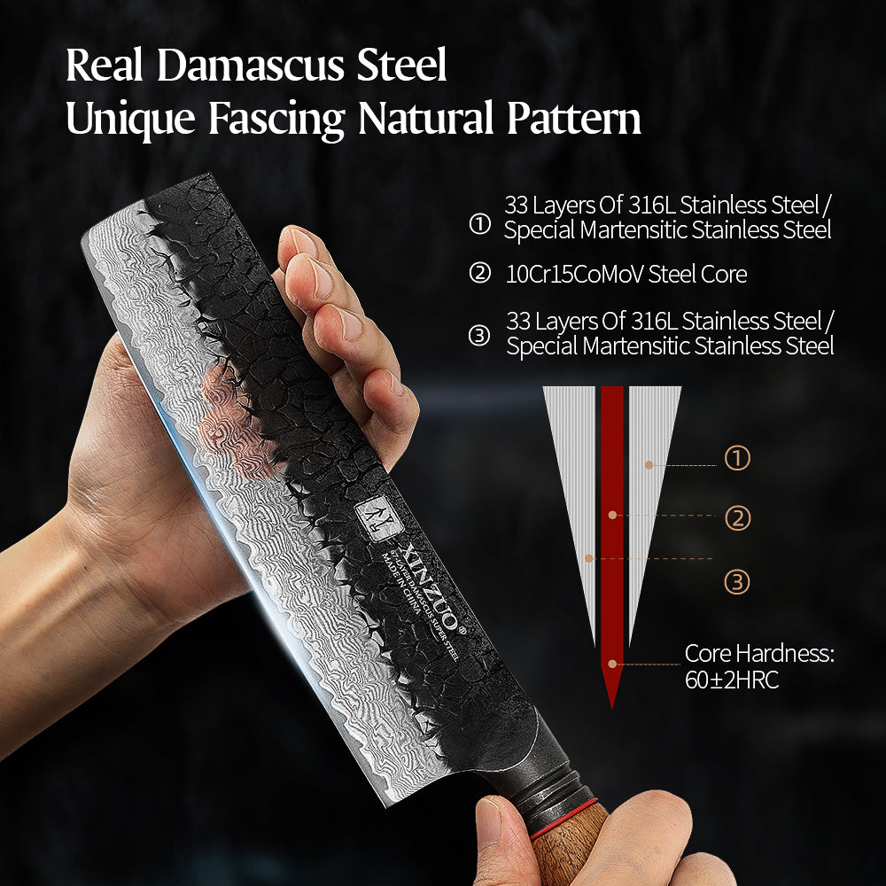 XINZUO 7 Inch Japanese Nakiri Knife, 67 Layers Damascus Steel with Burnt Oak Handle - Precision Vegetable Chef Knife for Professional & Home Use