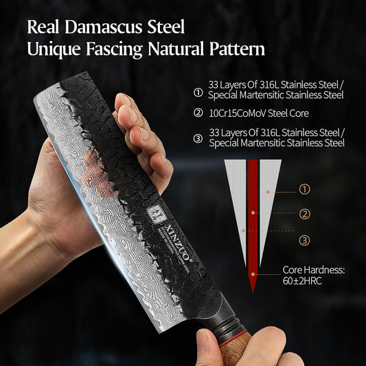 XINZUO 7 Inch Japanese Nakiri Knife, 67 Layers Damascus Steel with Burnt Oak Handle - Precision Vegetable Chef Knife for Professional & Home Use