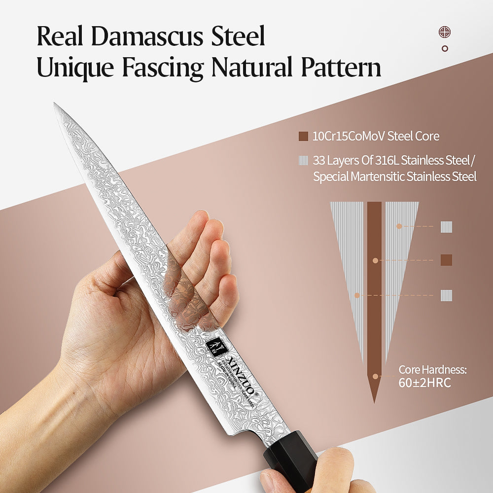 XINZUO 10 Inch Carving Knife, Custom 67‑Layer Damascus Steel Slicing Knife,15°±1 Per Side Sharp Edge, Premium Olive Wood & Buffalo Horn Handle