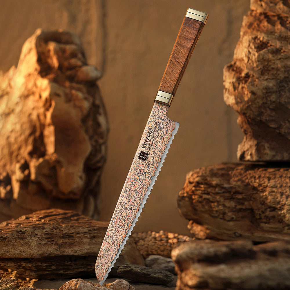 XINZUO 8.5 Inches Serrated Bread Knife, 53-Layer Tri-Color Copper Damascus Steel,Rosewood Handle,Acacia Wooden Gift Box Packing