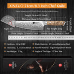 XINZUO 8.3” Chef Knife 67-Layer Damascus Steel 10Cr15CoMoV Core 60±2HRC Handmade with Figured Sycamore Wood Handle