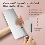 XINZUO 9 Inches Chinese Slicing Knife, 3 Layers Clad Steel with Red Wood Handle & Copper Rivets, 58~60HRC - FU Series