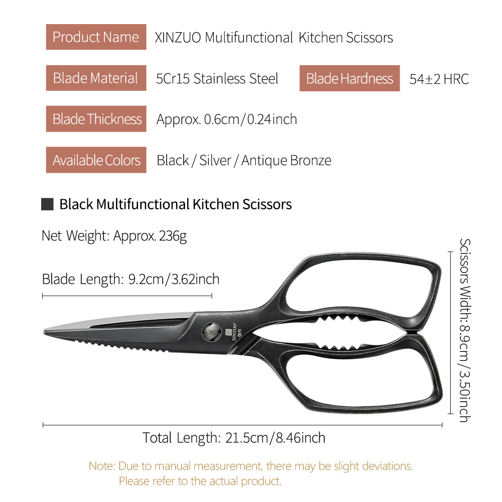 XINZUO 5Cr15 Stainless Steel Multifunctional Kitchen Scissors – One-Piece Solid Construction, Detachable & Ergonomic (Black/Silver/Bronze)