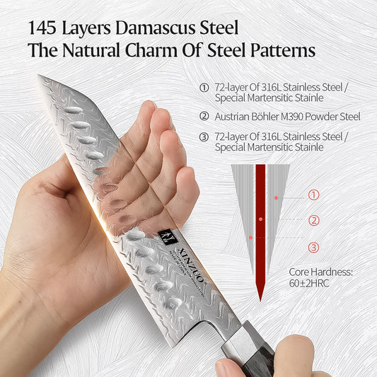 XINZUO 145 Layers Damascus Santoku Knife, Ergonomic Handle, Acacia Wooden Gift Box