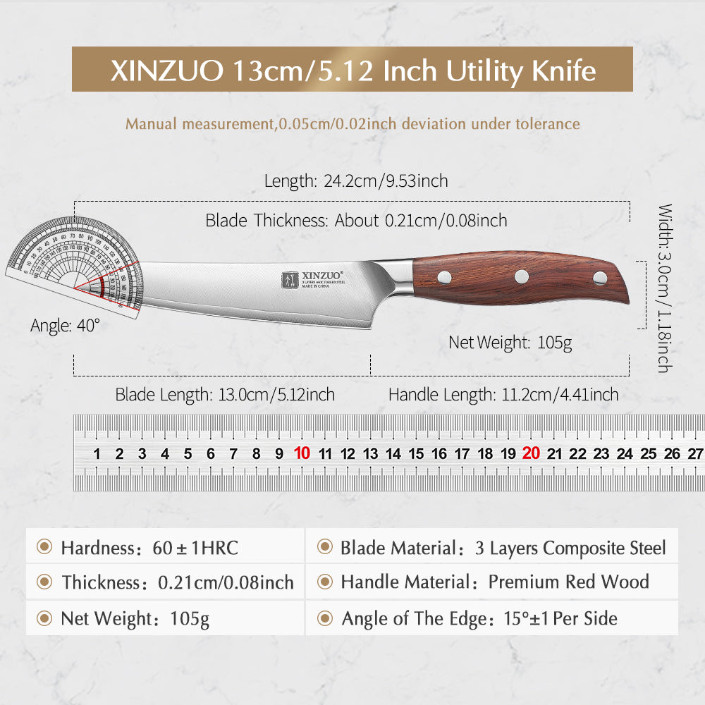 XINZUO Professional Utility Knife 3 Layers Composite Steel 60±1HRC Sharp Blade Premium Red Wood Ergonomic Handle