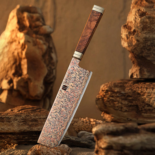 XINZUO 7.2 Inches Nakiri Knife, 53-Layer Tri-Color Copper Damascus Steel,Rosewood Handle,Acacia Wooden Gift Box Packing