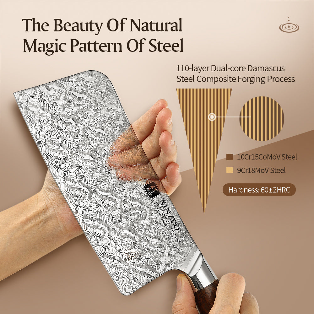 XINZUO 6.9 Inches Bone Chopper, 110 Layers Damascus Steel, High Hardness Kitchen Knife, Suitable for Daily Kitchen Chops
