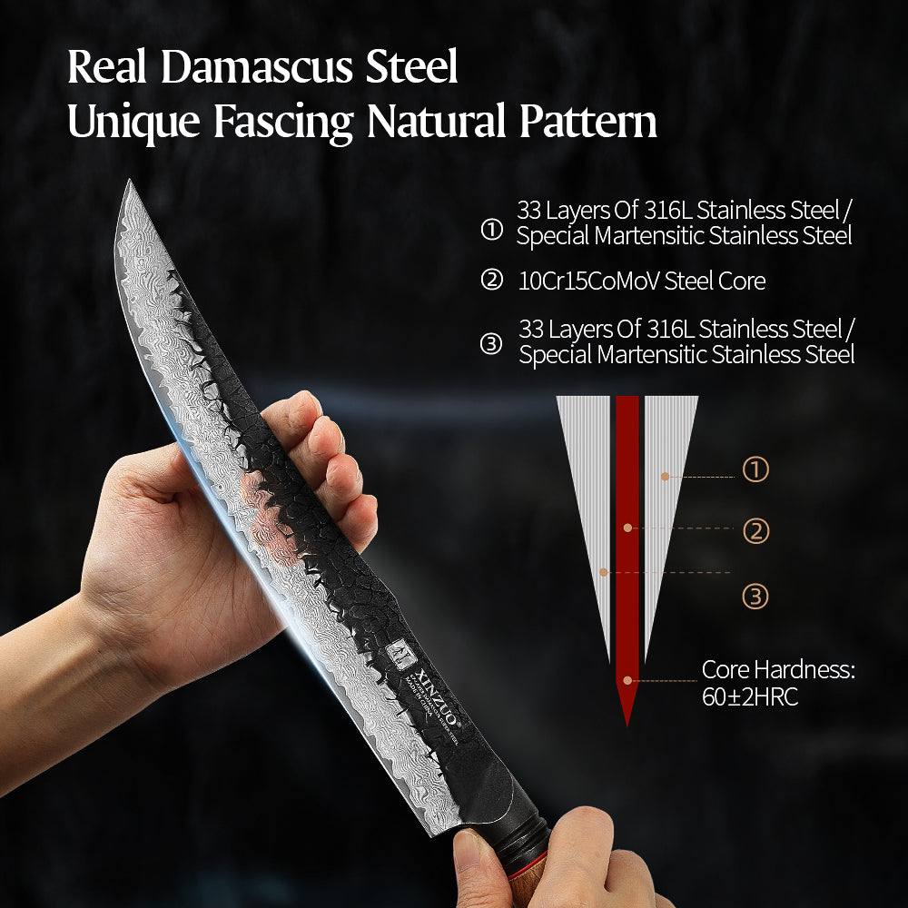 XINZUO 10 Inch Carving Knife 67 Layers Damascus Steel with Burnt Oak Handle - Precision Slicing Knife for Meat, Poultry & Roasts