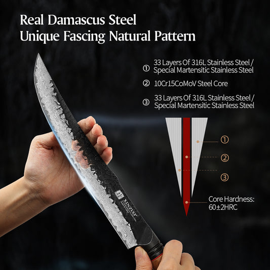 XINZUO 10 Inch Carving Knife 67 Layers Damascus Steel with Burnt Oak Handle - Precision Slicing Knife for Meat, Poultry & Roasts