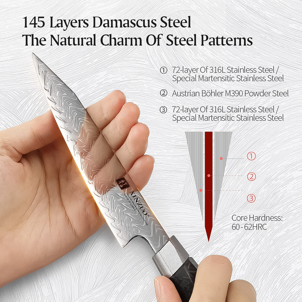 XINZUO Utility Knife Premium M390 Powder Steel With Damascus Pattern Multi-purpose Kitchen Knife Sharp and Durable