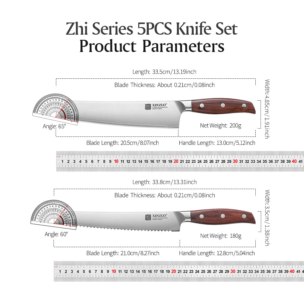 XINZUO Premium 5PCS Kitchen Knife Set 3 Layers Composite Steel 8.1+7.1+8.2+5.1+3 Inches Knife，Ultra-Sharpness Edge