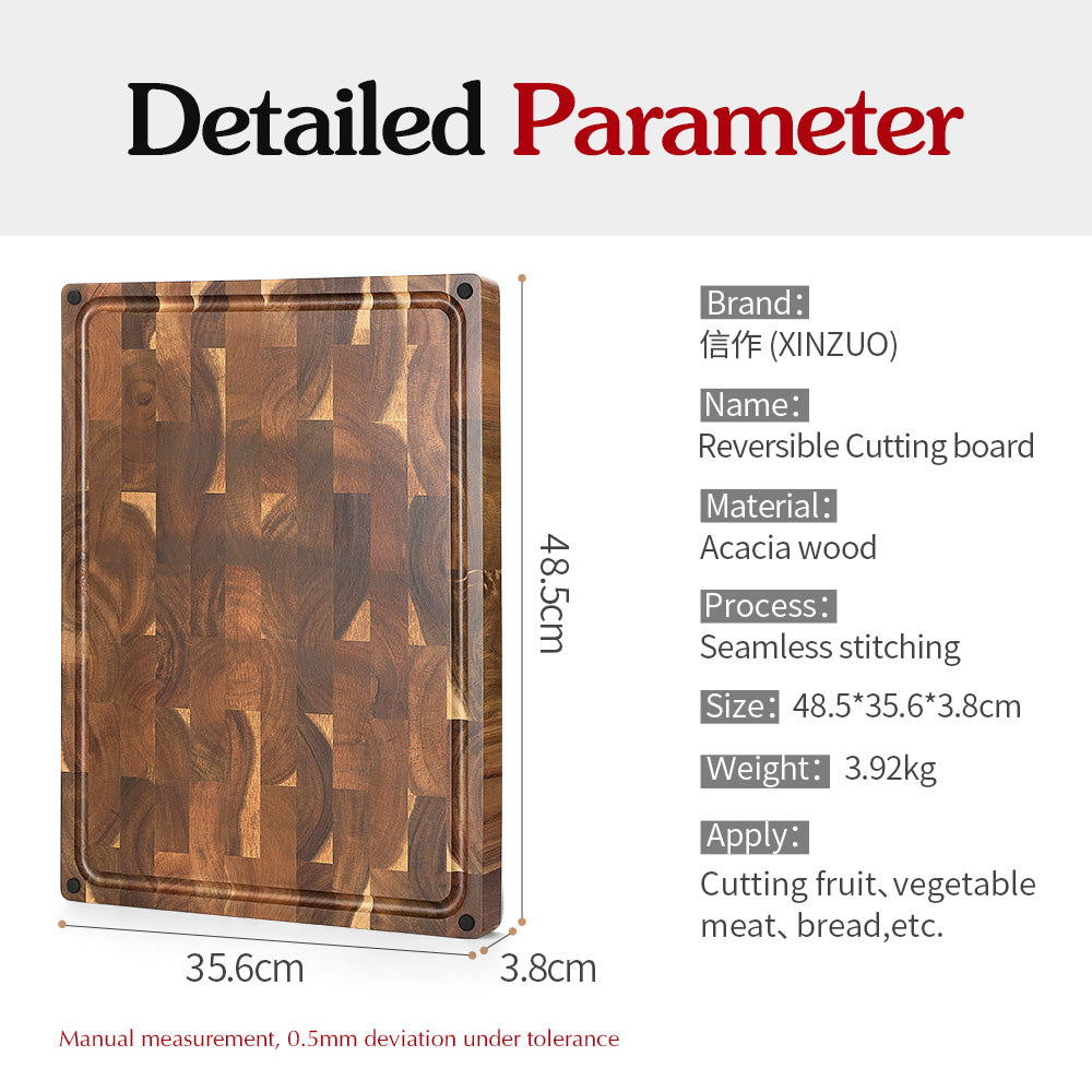XINZUO Large Reversible End Grain Cutting Board - Acacia Wood with Juice Groove,Drain TPR Feet & Gift Box, Size 19.1" x 14" x 1.5"