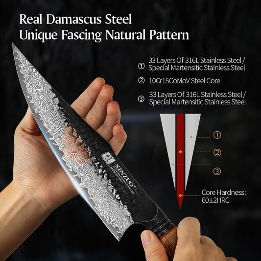 XINZUO 5-Piece Knife Set, 67 Layers Black Damascus Steel,Burnt Oak Handle MO-Series