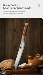 XINZUO Zhen XZ05 Series ZDP-189 Powder Steel Bread Knife 9 Inch, Made of Three-layer Composite Steel, Hardness Reaches 65-67HRC, Desert lronwood Octagonal HandIe