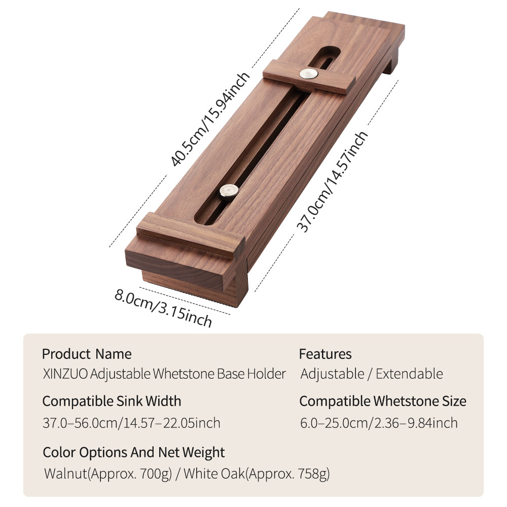 XINZUO Adjustable Solid Wood Whetstone Sharpening Stand, Extendable Walnut & White Oak Sharpening Holder for Kitchen Knife Sharpening, Sink Mount Stable Sharpening Support Stand