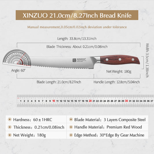 XINZUO 8.2 Inches Bread Knife 3 Layers Composite Steel 440C Steel Core With Nature Red Wood Handle
