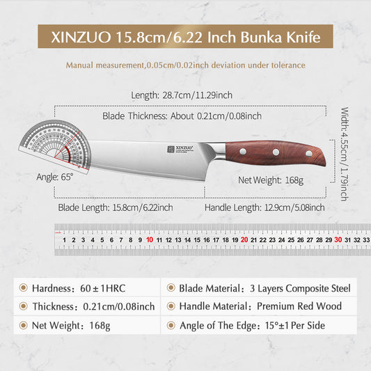XINZUO 6.2”Sharp Kitchen Bunka Knife 3-Layer Composite Steel Comfort Red Wood Handle, Multipurpose Cooking Knife