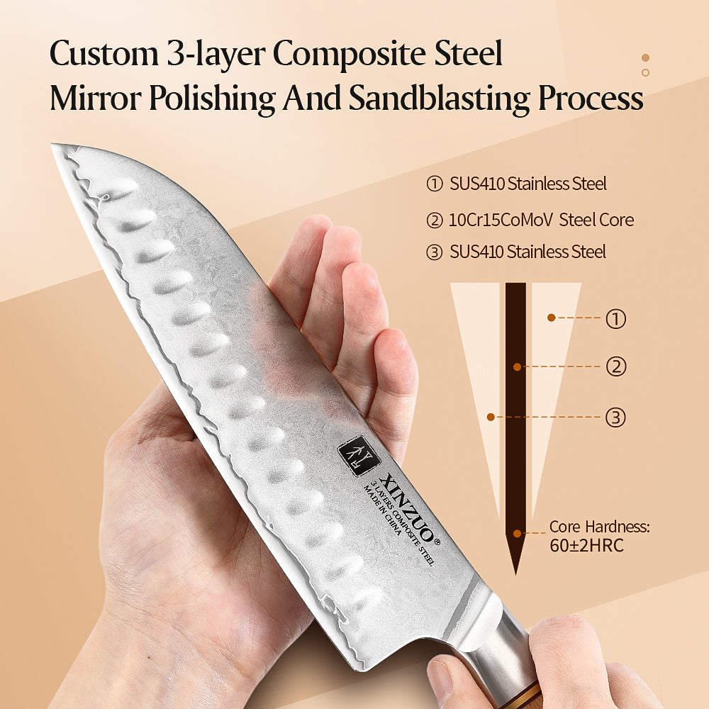 XINZUO Lan Series 3-layer Composite Steel Santoku Knife