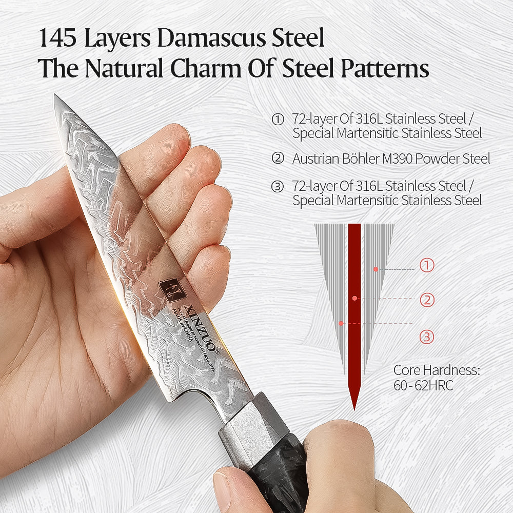 XINZUO 4.5 Inches Paring Knife M390 Damascus Chef Knife | 145 Layers Forged Blade & Carbon Fiber Handle