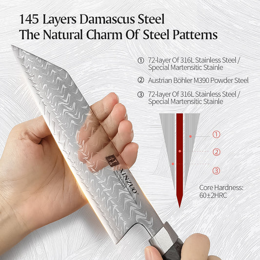 XINZUO 145 Layers Damascus Bunka Knife/Kiritsuke Knife,7 Inches, Ergonomic Handle, Acacia Wooden Gift Box