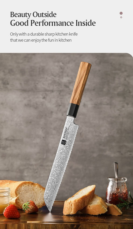 XINZUO PM8 Series 67 Layers Damascus Powder Steel Bread Knife 8.5 inches