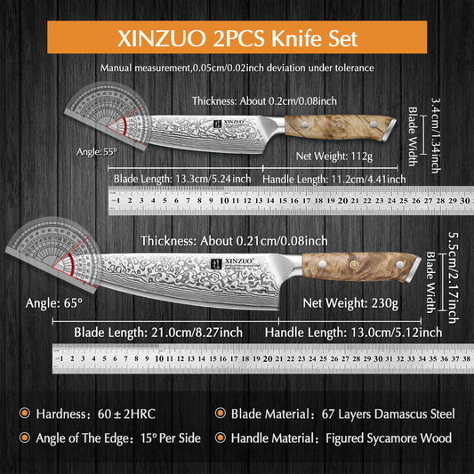 XINZUO Yu Series 2PCS Kitchen Knife Set 67-Layer Damascus Steel Ultra-Sharp 15° Edge,Meat and Vegetable Cutting