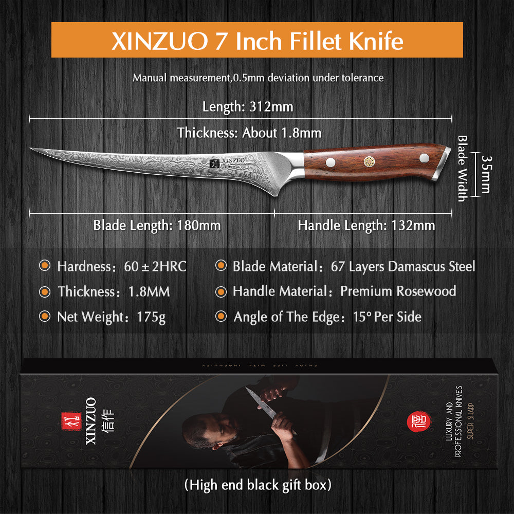 XINZUO 7-Inch Fish Fillet Knife — 67-Layer Damascus Steel Blade, Natural Rosewood Grip