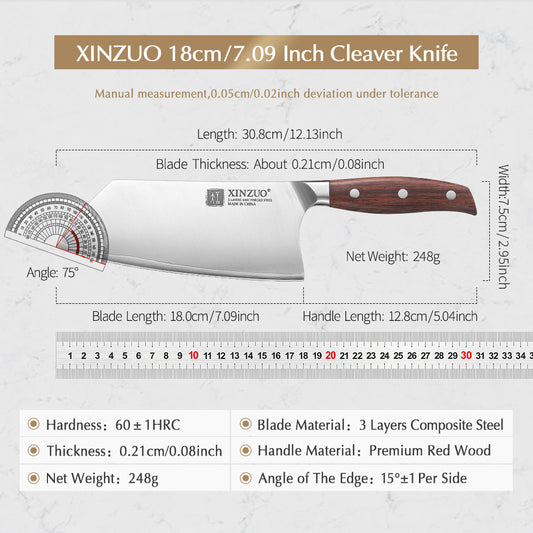 XINZUO High-Performance Cleaver Knife 7.1 Inches 3-Layer Composite Steel Blade for Kitchen Cooking