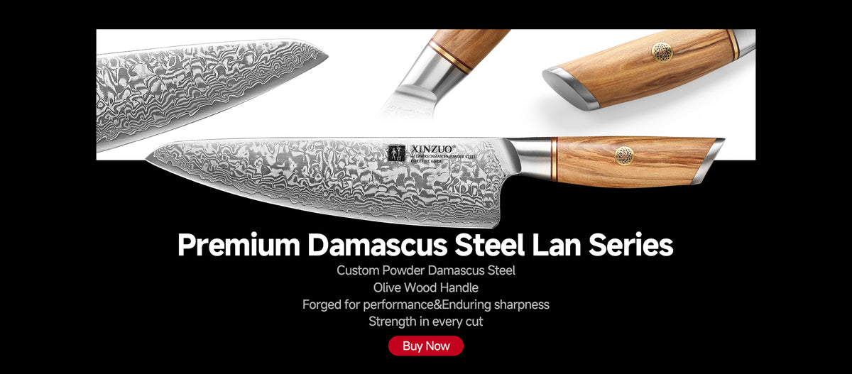 Xinzuo Damascus-patterned knife and olive wood handle detail