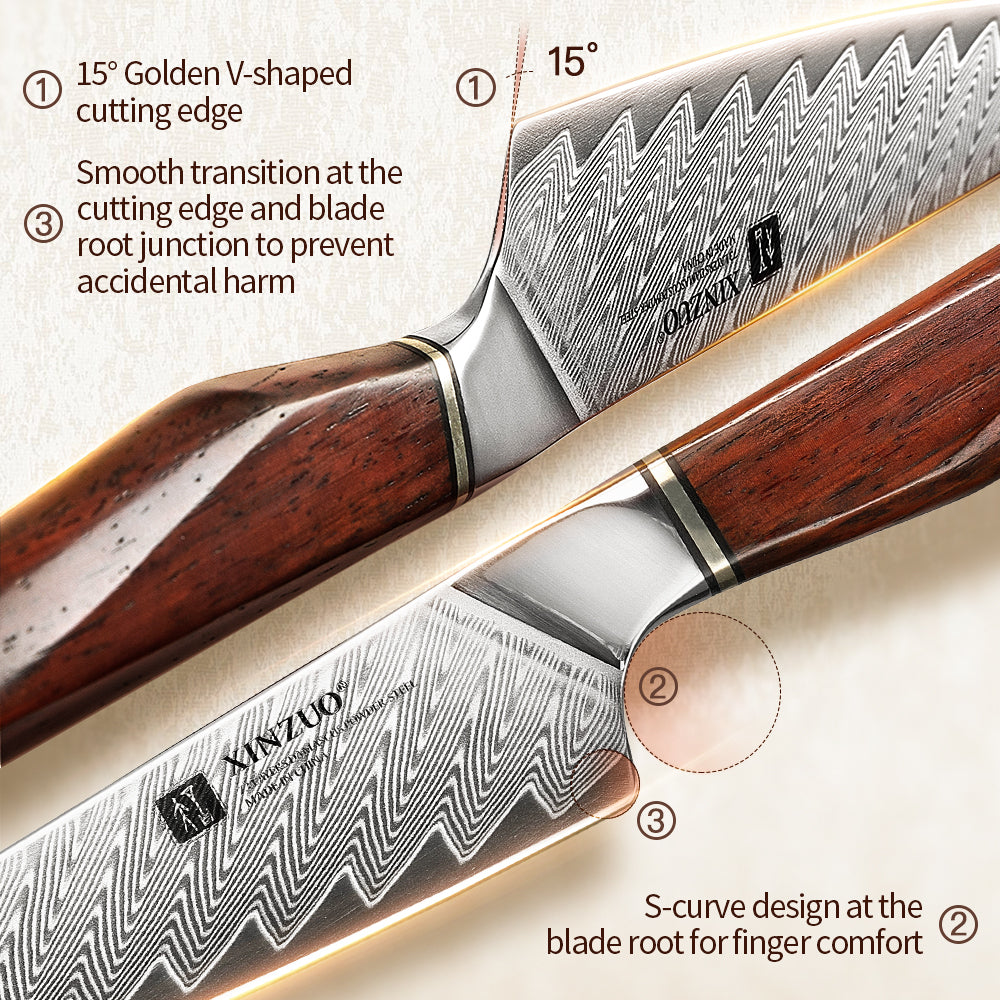 XINZUO Xing Series Hand-forged 5.1 Inches Utility Knife 73-Layer Pattern Damascus Steel - Ultra-Sharp Multi-Purpose Cooking Knife