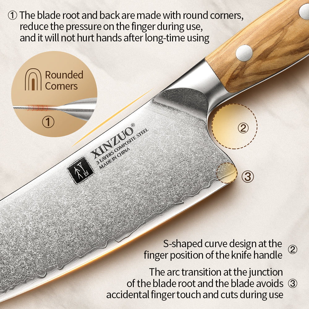XINZUO Professional Chef Knife - Triple-Layer Composited Steel with Olive Wood Handle, Razor Sharp & Ergonomic Design-PIN Series
