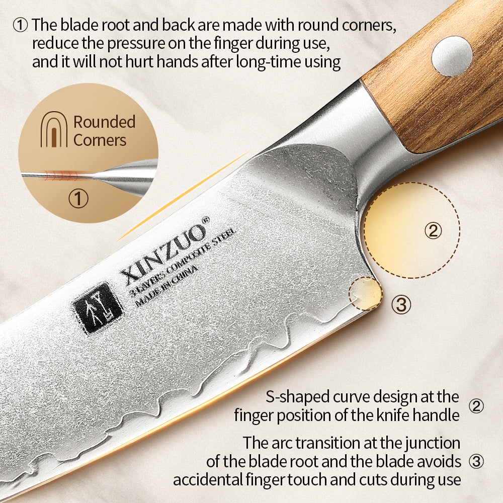 XINZUO 5.3 Inches Kitchen Utility Knife - Triple-Layer Composited Steel with Olive Wood Handle, Razor Sharp & Ergonomic Design-PIN Series