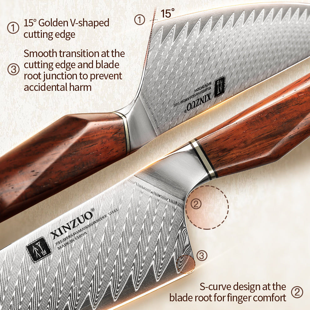 XINZUO Xing Series 73-Layer Damascus Steel 8.2”Bunka Knife – 14Cr14MoVNb Core, Rosewood & Brass Rivets Handle