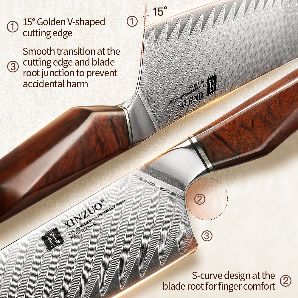 XINZUO Xing Series Professional 7.2”Nakiri Knife Damascus Steel Blade 14Cr14MoVNb Steel Core - Chopping Meat and Fruit