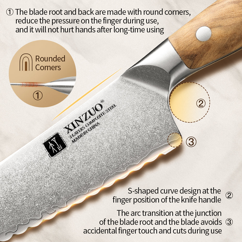 XINZUO Serrated Frozen Food Knife - Triple-Layer Composited Steel with Olive Wood Handle, Razor Sharp & Ergonomic Design-PIN Series
