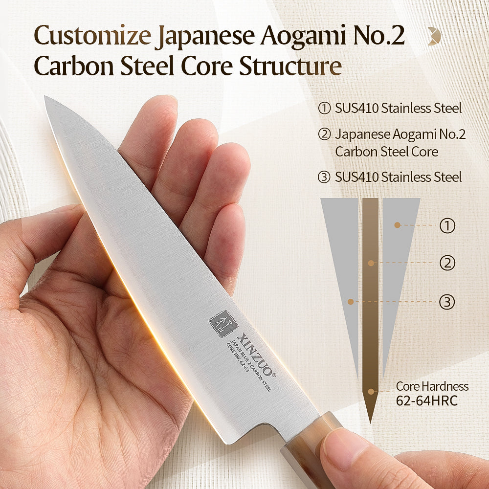 XINZUO 5.5 Inches Kitchen Utility Knife, Japanese Aogami #2 Steel, 62-64HRC, Ergonomic Octagonal Handle, Exquisite Gift-Ready Packaging