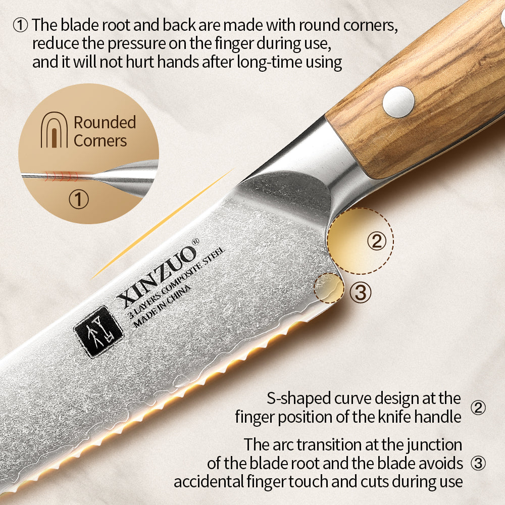 XINZUO Serrated Bread Knife - Triple-Layer Composited Steel with Olive Wood Handle, Razor Sharp & Ergonomic Design-PIN Series