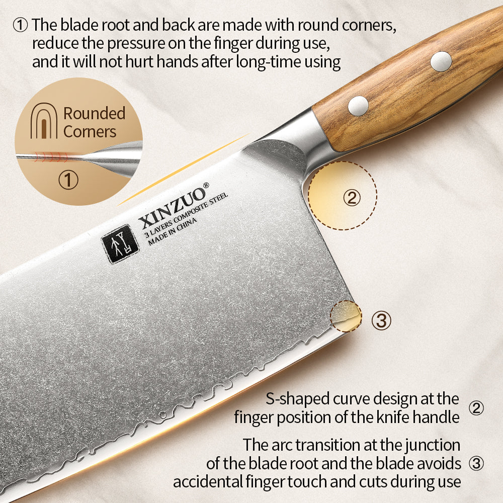 XINZUO Professional Chinese Meat Cleaver Knife - Triple-Layer Composited Steel with Olive Wood Handle, Razor Sharp & Ergonomic Design-PIN Series