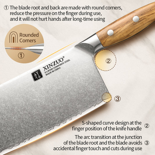 XINZUO Professional Chinese Meat Cleaver Knife - Triple-Layer Composited Steel with Olive Wood Handle, Razor Sharp & Ergonomic Design-PIN Series