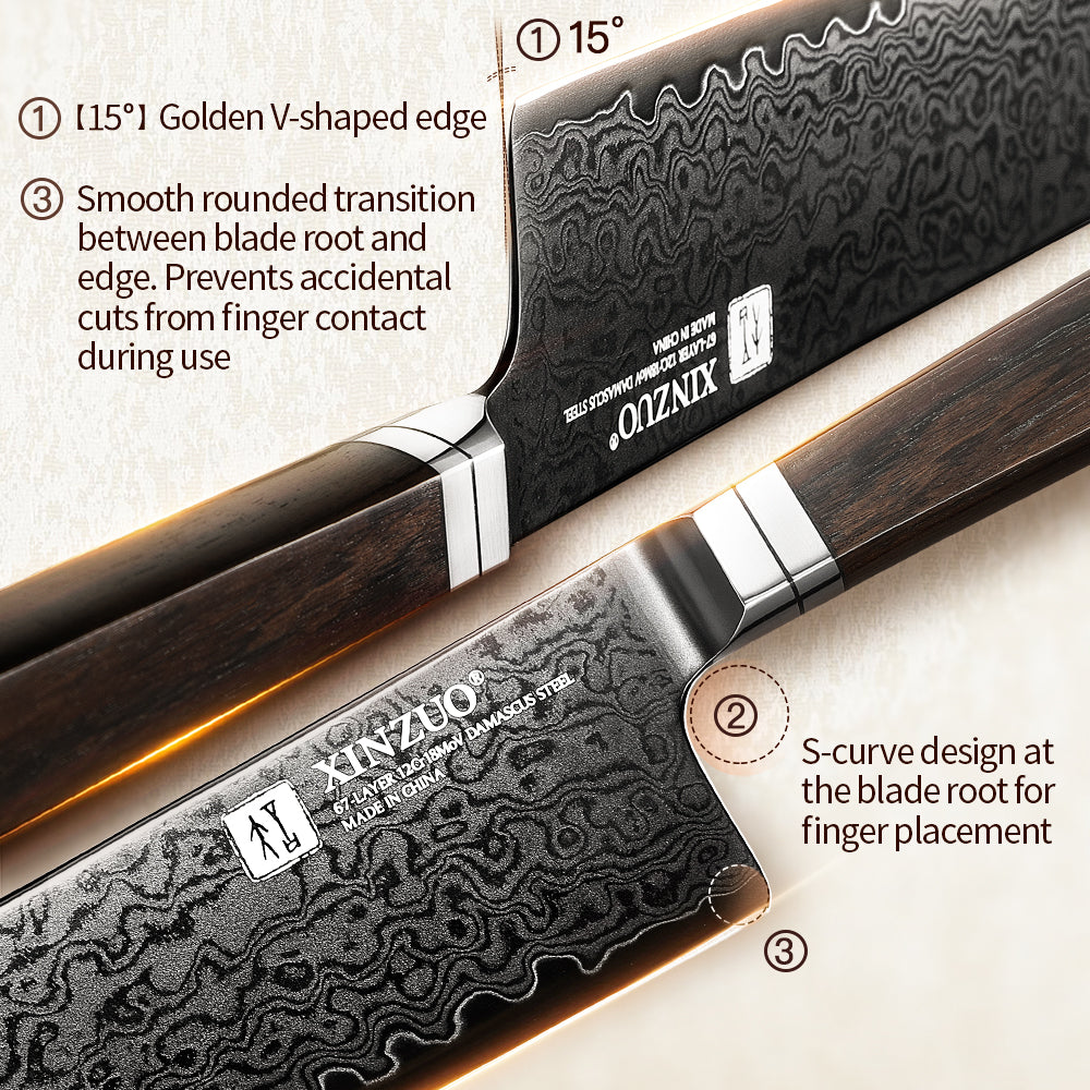 XINZUO Ji Series 5PCS Damascus Steel Knife Set 67-Layer Damascus Steel Blade 60±2 HRC Hardness Core 15° Ultra-Sharp Edge