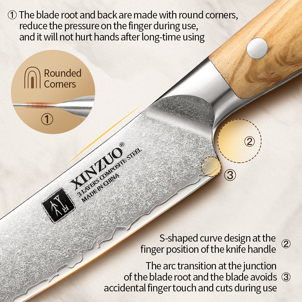 XINZUO Professional Carving Knife - Triple-Layer Composited Steel with Olive Wood Handle, Razor Sharp & Ergonomic Design-PIN Series