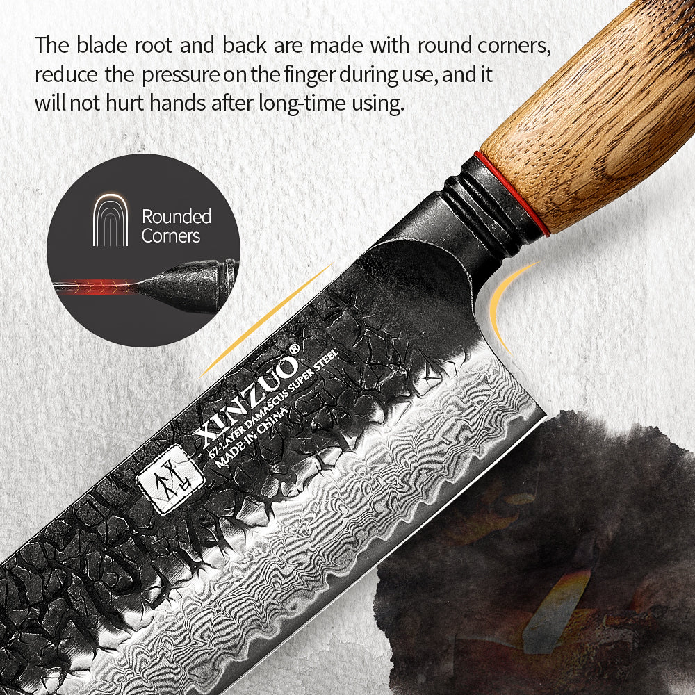 XINZUO 7 Inch Japanese Nakiri Knife, 67 Layers Damascus Steel with Burnt Oak Handle - Precision Vegetable Chef Knife for Professional & Home Use